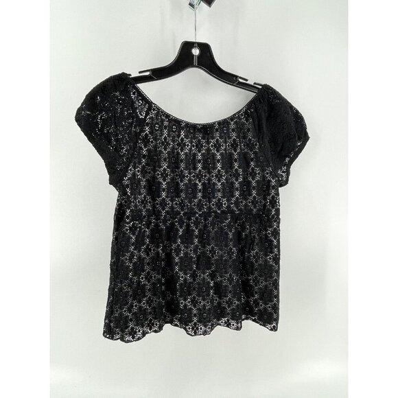 AB Studio Women's Black White Lace Top Shirt Size Small Casual Fun Short Sleeves - Picture 10 of 10